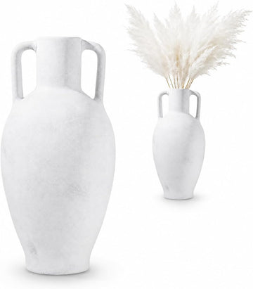 20.5in Ceramic Floor Vase with Handles | Hand-Painted Glaze Craft, Pure White Finish, Light Black Speckled Accents
