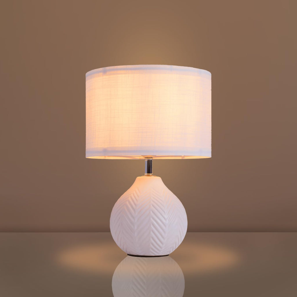 12'' White Ceramic Table Lamp, Leaf Patterned Ceramic Desk Lamp Small Bedside Lamp with Linen Shade, Mid Century