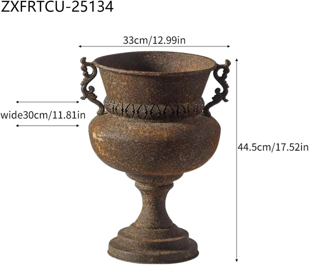 Metal Urn Planter with Handles, Rustic Brown | Ornate Scroll Handles, Pedestal Base Design, Indoor & Outdoor Use