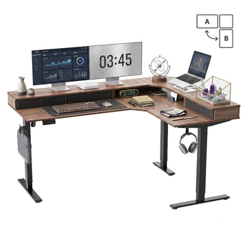 63"x48" L Shaped Standing Desk with Drawers & Shelf, Deep Walnut