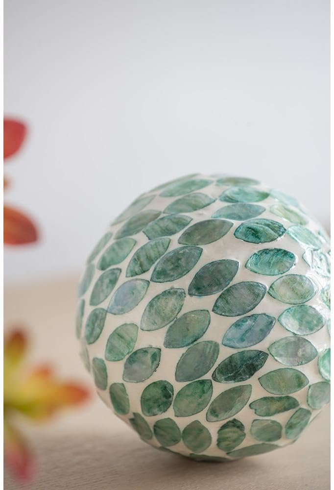 Set of 3 Ceramic and Capiz Decorative Spheres - Handcrafted Green Leaf Mosaic Orbs Decor, Tabletop Accent, Shelf