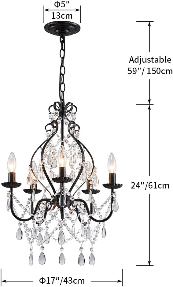 5-Lights Crystal Chandelier, Farmhouse Pendant Light Fixtures, H24 x D17,Chain Adjustable Max 59", Black Finish