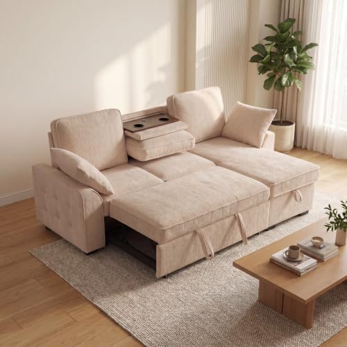 L‐Shaped Queen Pull Out Sleeper Sofa Bed with Storage Chaise, Beige