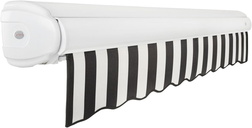 12' Full Cassette Right Motor (12' x 10') Retractable Patio Awning, Black/White Stripe