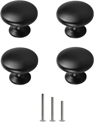 Matte Black Cabinet Knobs 4 Pack, Black Drawer Knob Round 30mm/1.18" Furniture Chest Door Dresser Bathroom