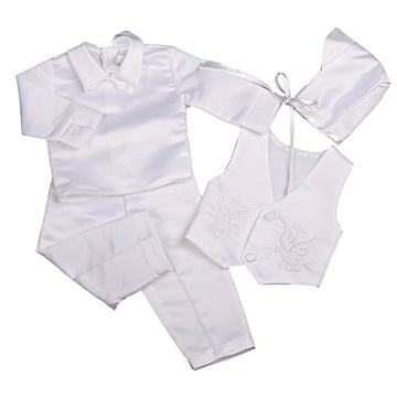 Baby Boys Baptism Christening Clothing Outfit White Satin Suit 4 Piece Set with Bonnet Months Long Sleeve