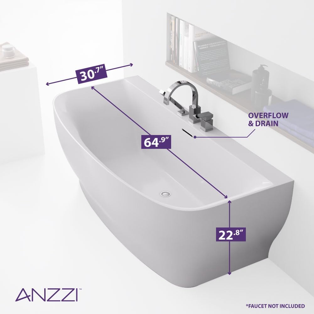 Flat Bottom Freestanding Soaking Bathtub Fiberglass Reinforced Acrylic 65 x 31 Inch Glossy White