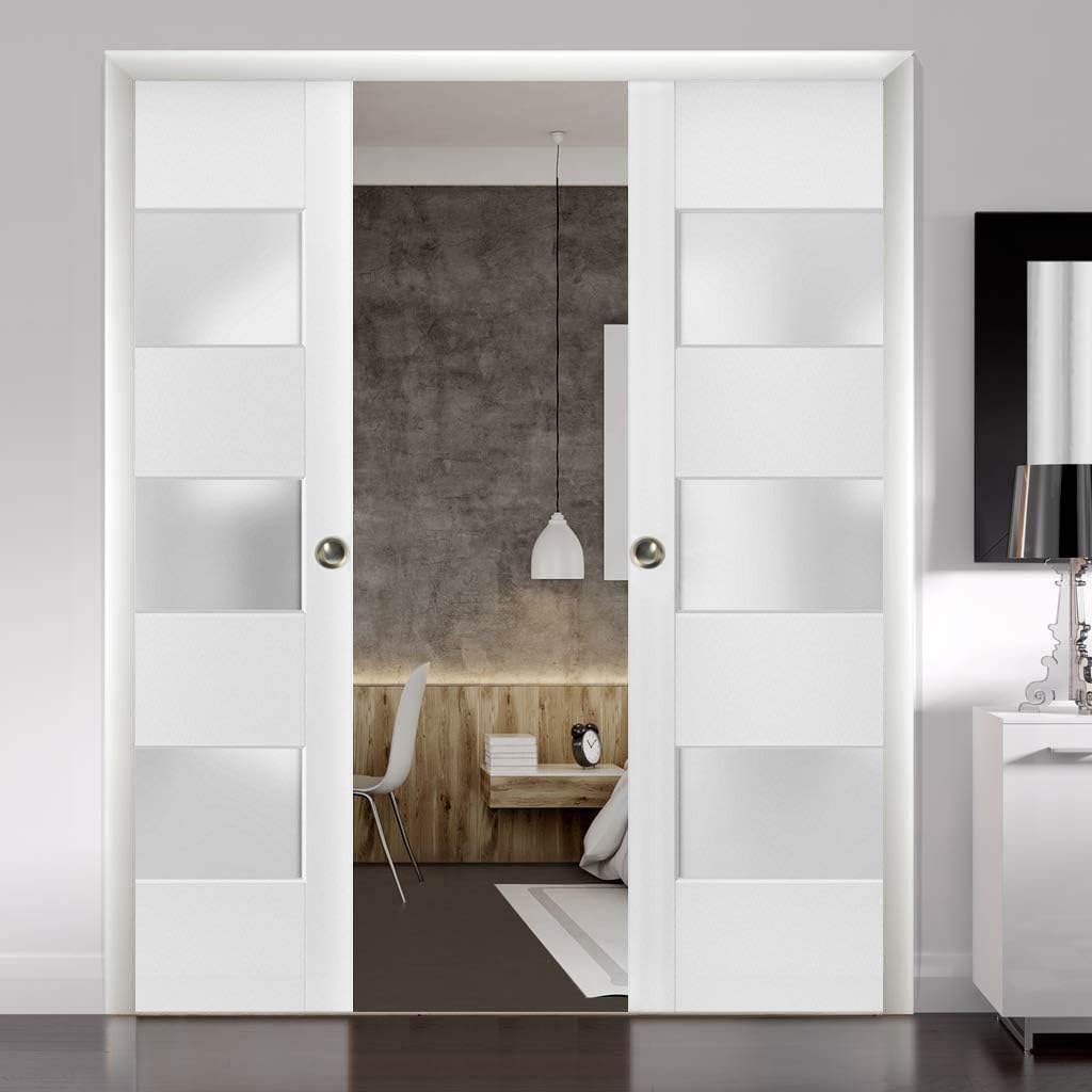 Slab Barn Door Panel Frosted Glass 3 Lites 32 x 80 inches | Lucia 4070 White Silk | Sturdy Finished Doors | Pocket