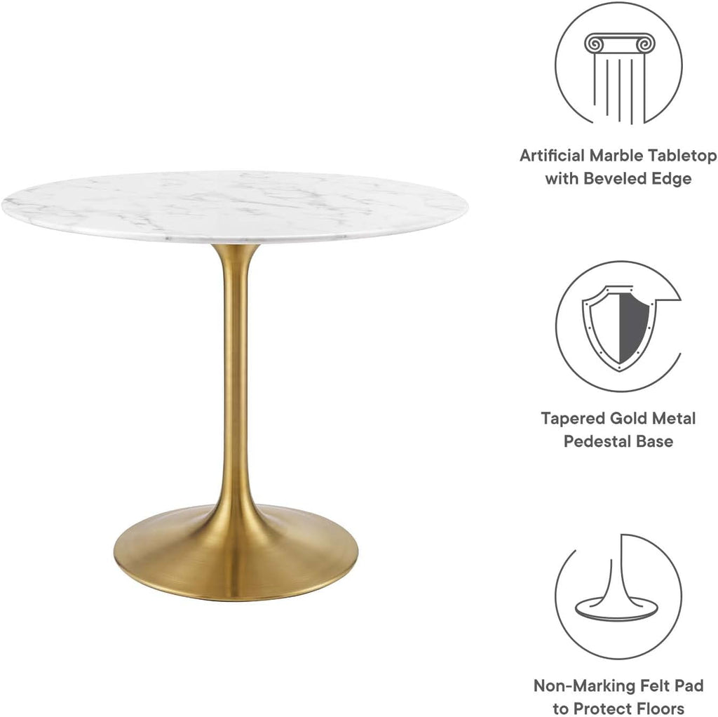 Inspired Saarinen Style Tulip Round Pedestal Dining Table — Gold Base / White Marble Top, 36″ Round