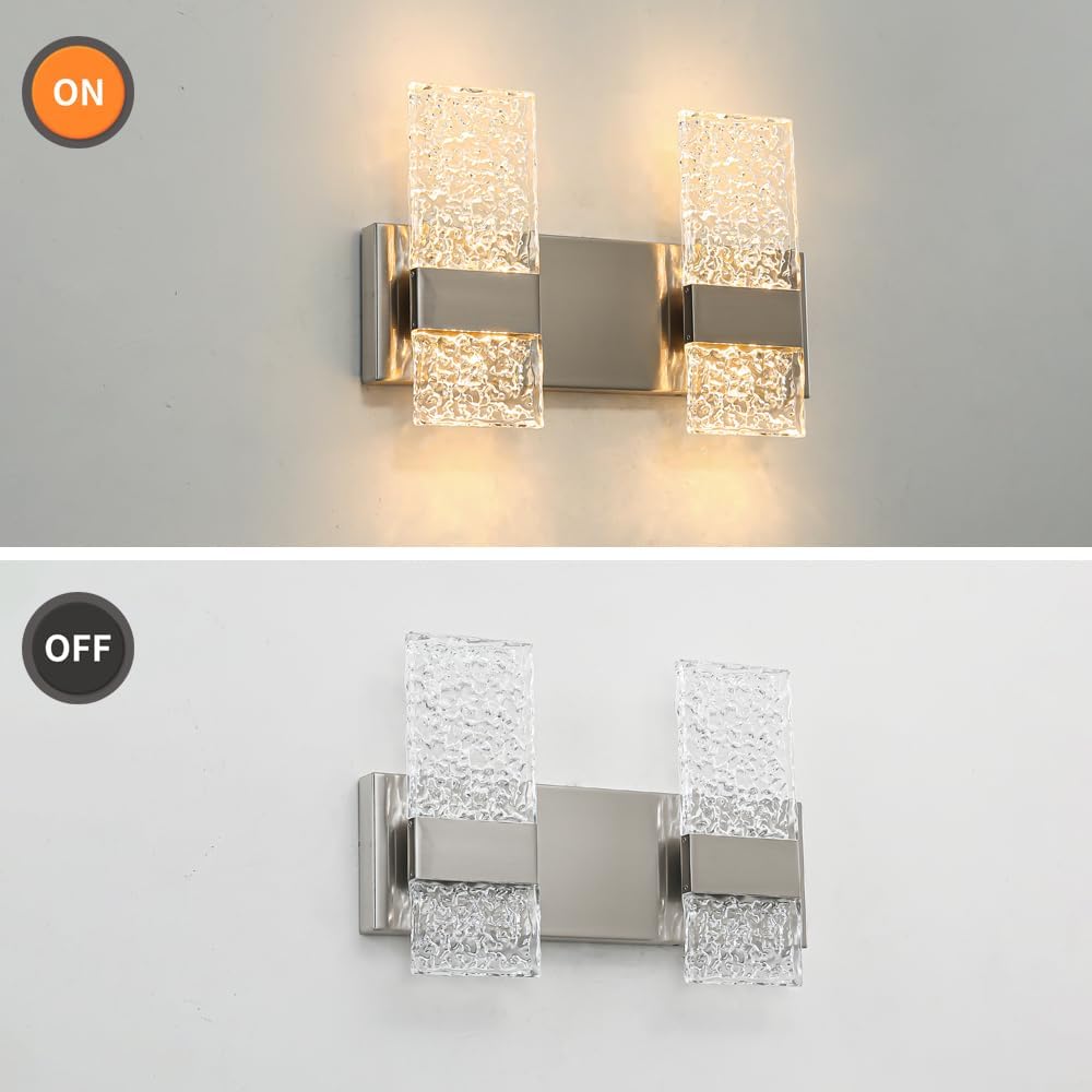 Modern Brushed Nickel 2 Lights Bathroom Vanity Light, LED Bathroom Light Fixtures Over Mirror, Dimmable Acrylic Wall