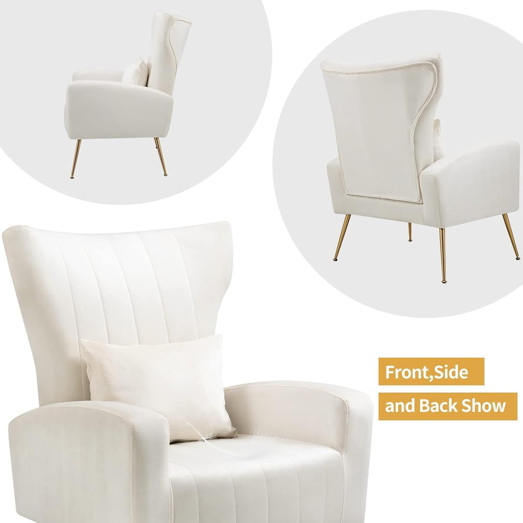 Velvet Accent Chairs Set of 2, Modern Living Room Chair with Gold Legs & Pillow, Bedroom Side Chair with High