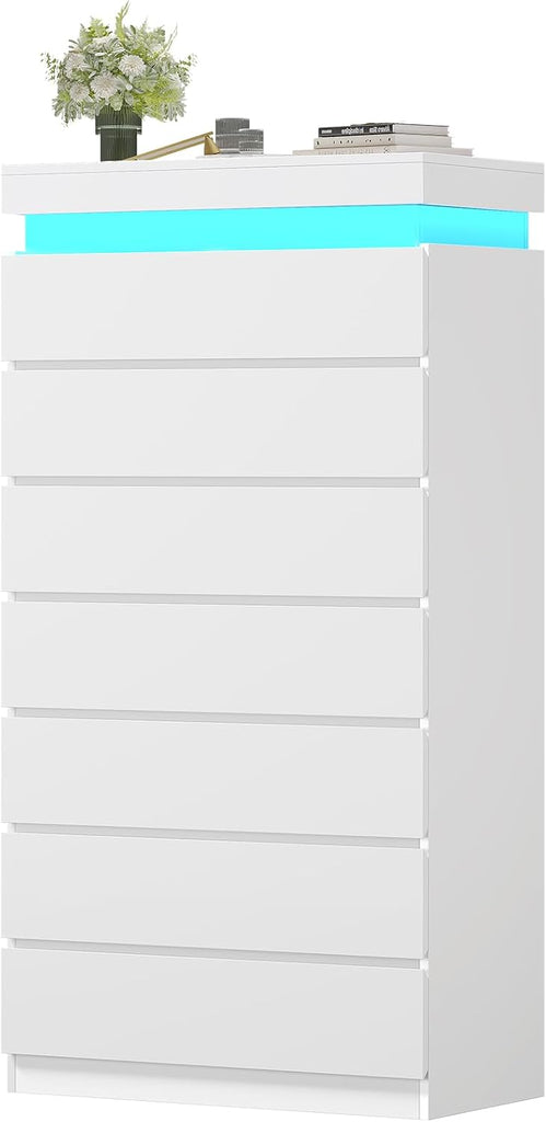 Tall 7 Drawer Dresser with LED Light, White Modern Chest of Drawers ,Closet Dressers with Drawers