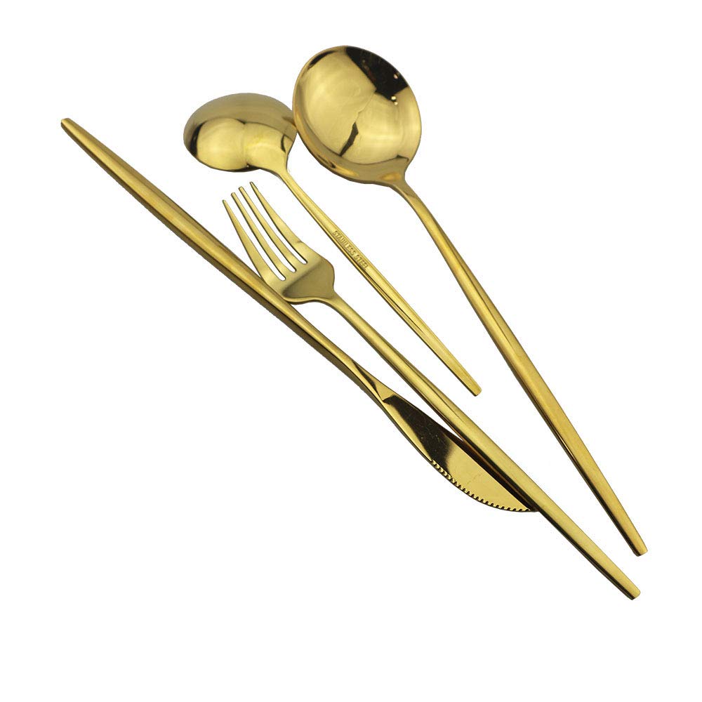 Stainless Steel Titanium Plated Golden Flatware Set 24 Piece, Flatware Silverware Set Service for 6 (Shiny Golden)