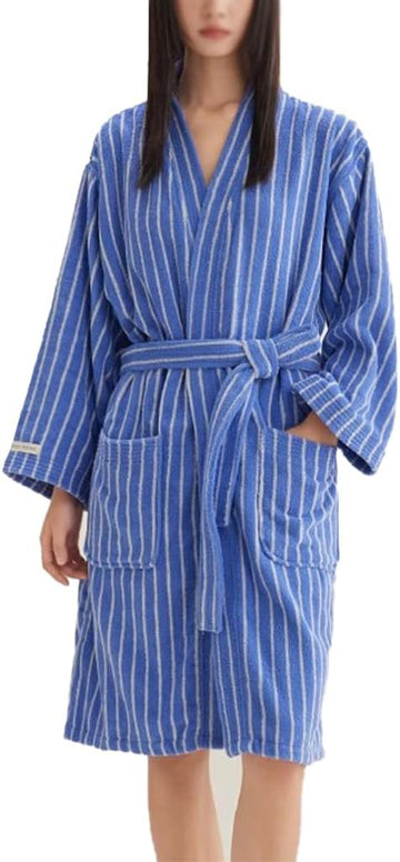 Cotton Terry Stripe Bathrobe For Women And Men,Luxury Kimono Soft Terry Cloth Robe,Comfortable Loungewear Nightwear