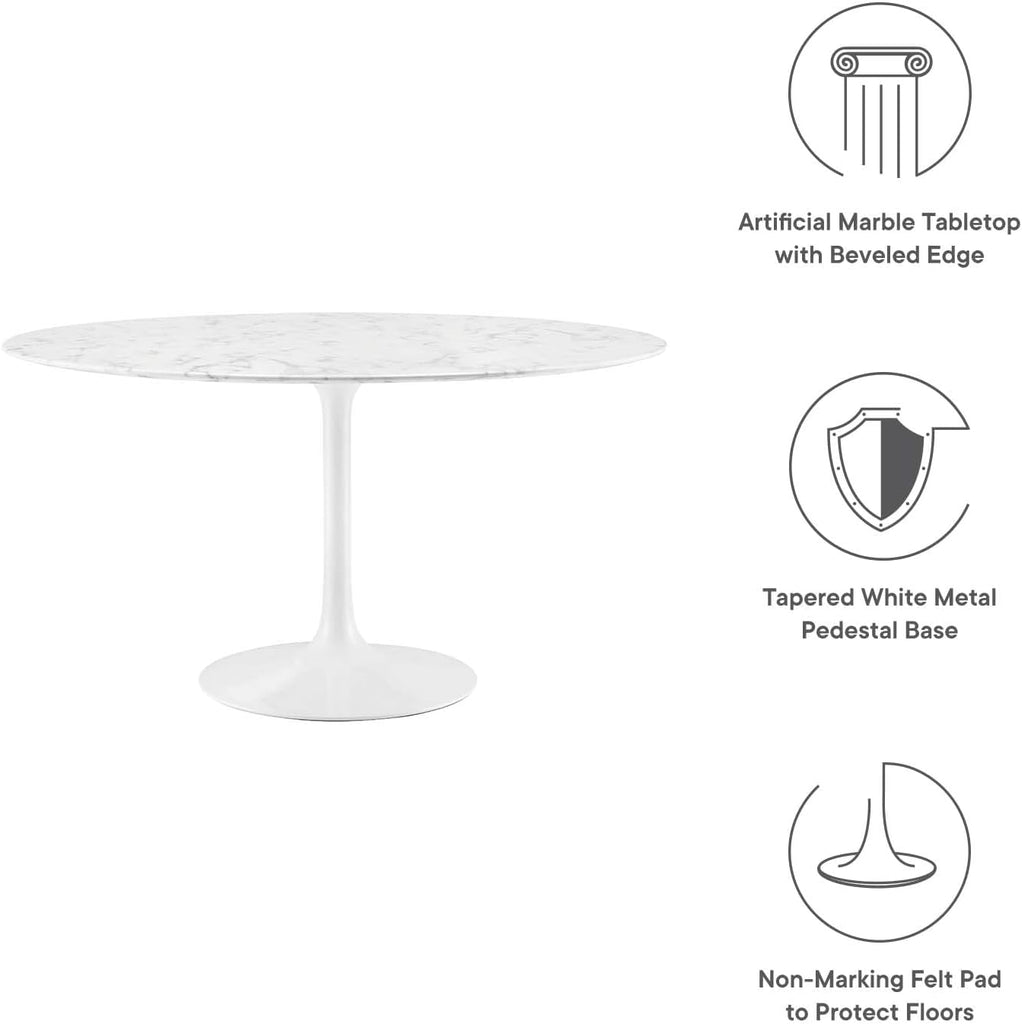 Inspired Saarinen Style Tulip Round Pedestal Dining Table — White Marble Top, 54″ Round