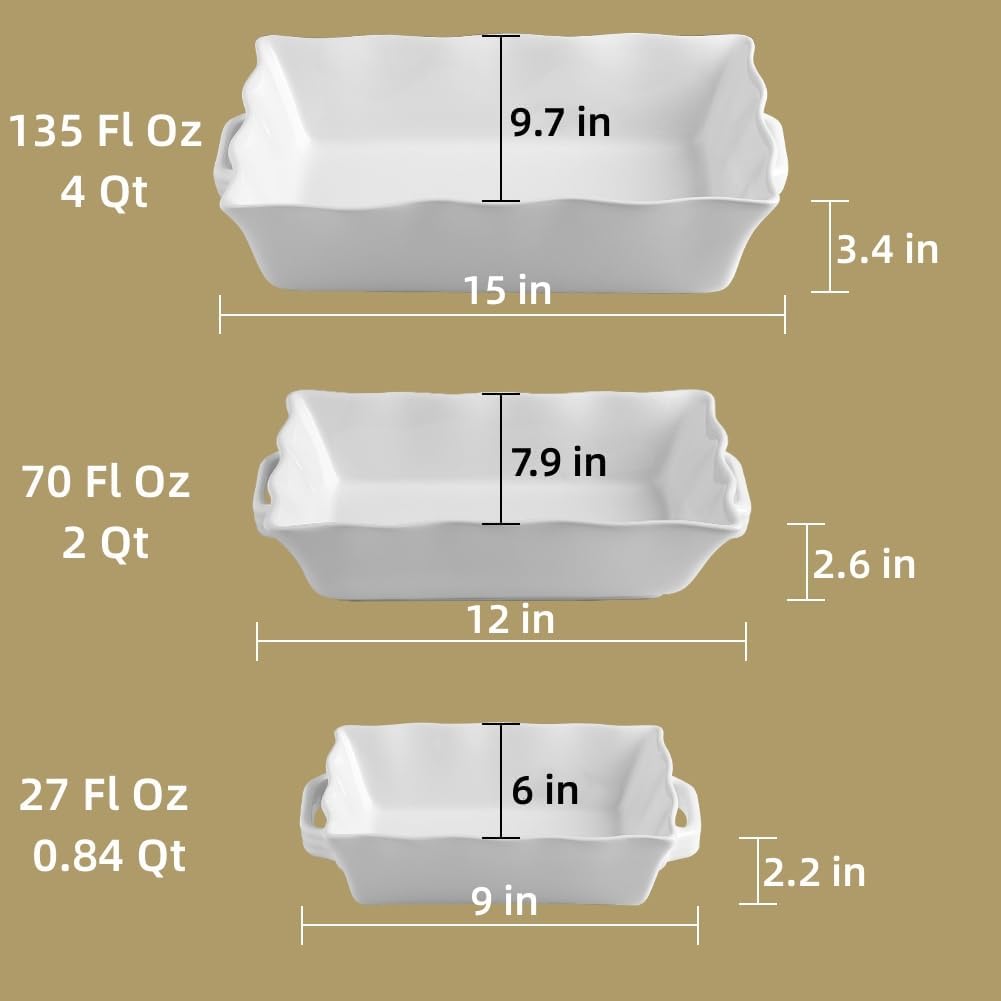 Casserole Dishes for Oven, Ceramic Bakeware Set of 3, Rectangular dish with Handles, Wave Edge Lasagna Pan Deep for