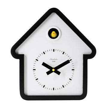 Modern Wooden House Cuckoo Clock, Black and White, Hourly Bird Voice Chirping, Silent Timekeeping, 11 x 10 x 3