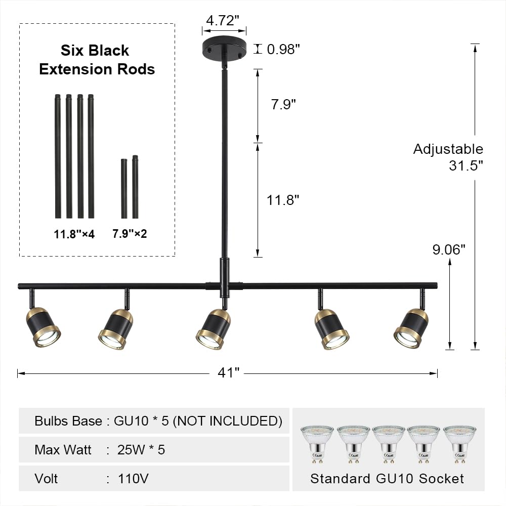 Track Lighting Kit Black Track Light Flexibly Rotatable Light Head Adjustable Height Modern Spotlight Living