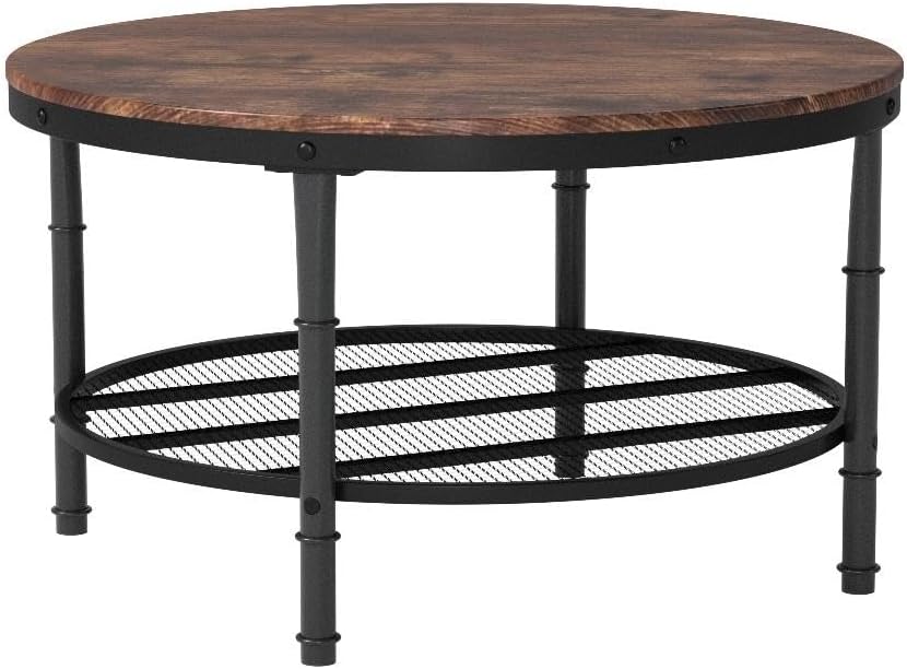 Round Coffee Table with Storage - 31.5" Rustic Farmhouse Design, Industrial Style with Metal Shelf