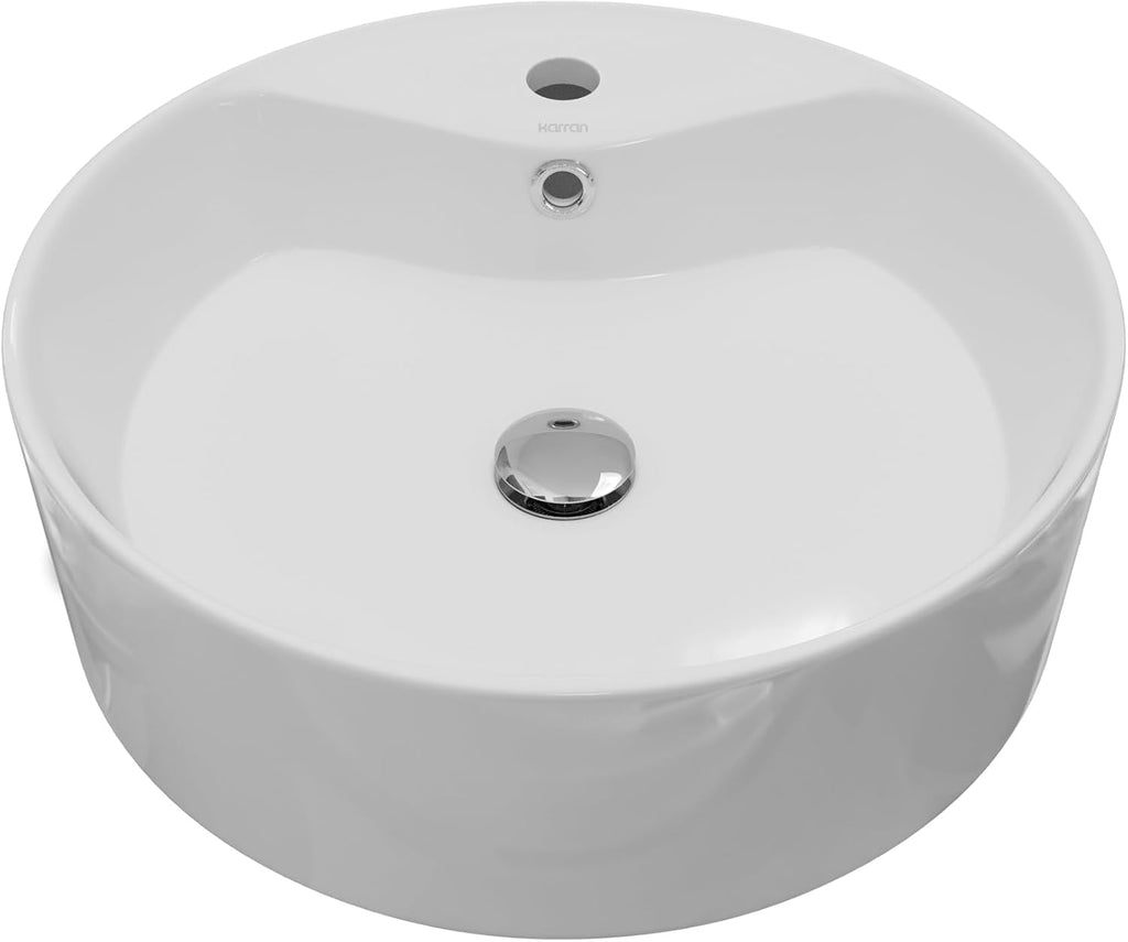 Valera 18 Inch Round Vessel Bathroom Sink, Vitreous China Above Counter Vanity Sink with Overflow