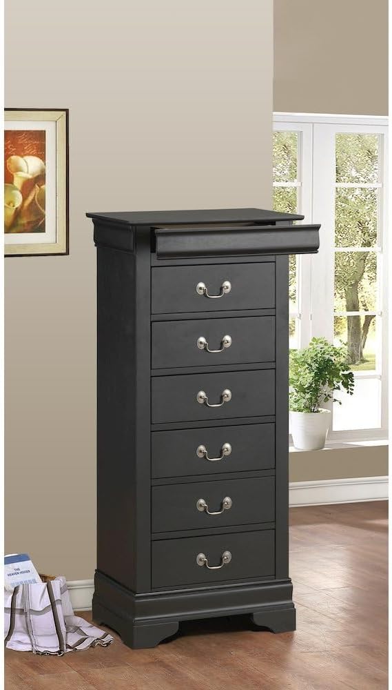 Louis Phillipe 6-Drawer Lingerie Chest in Black Finish - Tall Slim Bedroom Dresser with Dovetail Drawers - 22" W x