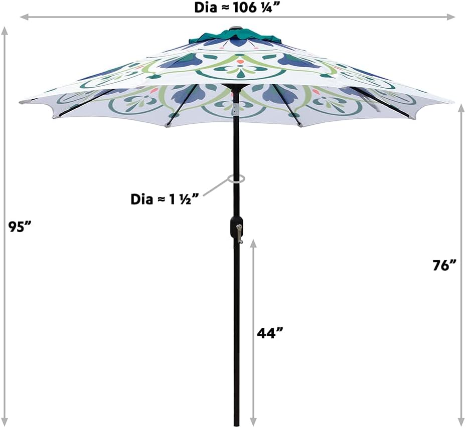 Outdoor Patio Umbrella 9Ft Crank & Tilt Printed Market Umbrella for Picnic Table, Pool, Garden, Deck, Backyard and Beach
