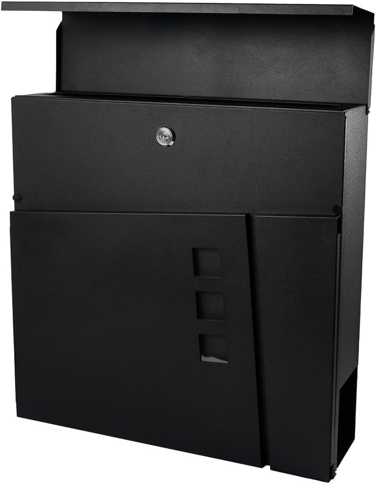 Modern Wall Mounted Outdoor Mailbox - 14" x 14" Black Galvanized Steel Mailbox with Newspaper Holder & 2 Security Keys