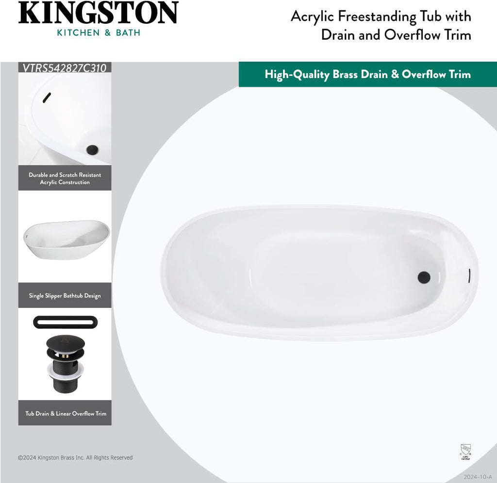 VTRS542827C310 54" Acrylic Oval Single Slipper Freestanding Tub with Drain, Glossy White/Matte Black