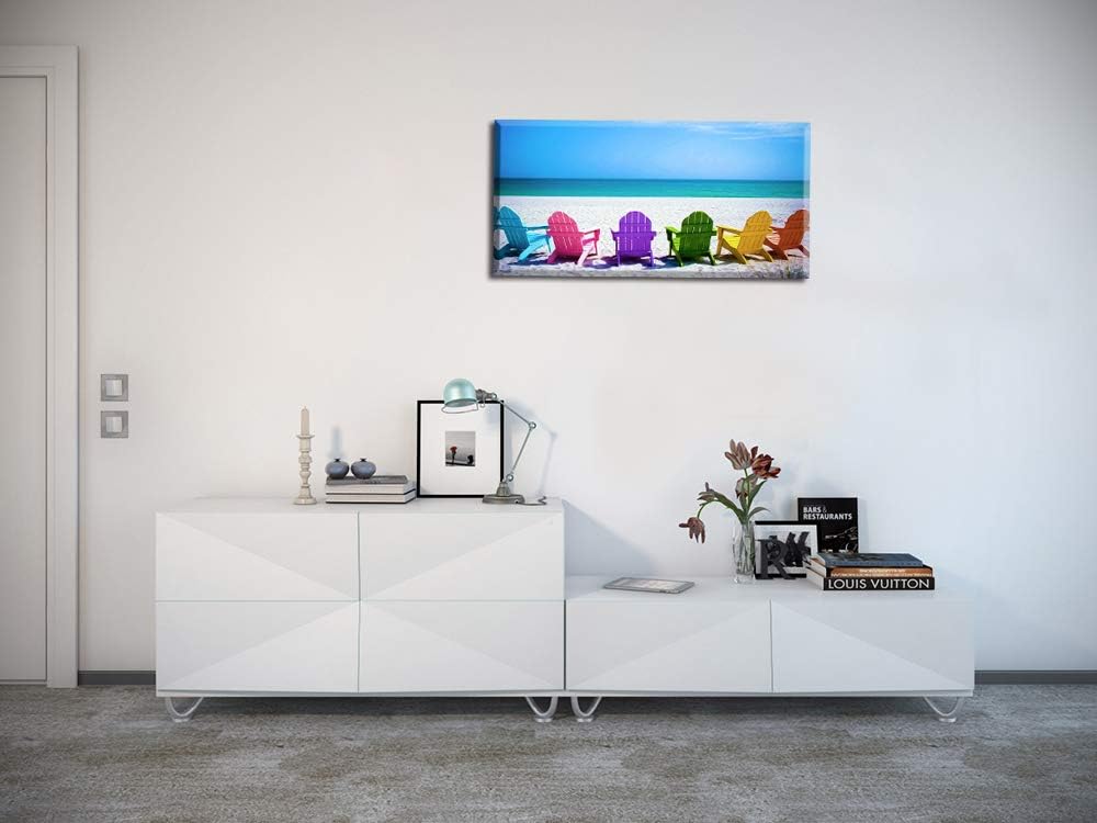 Beach Canvas Wall Art , PIY Blue Sea with Colorful Chairs Picture Prints Decor, Relax Leisure Time Home Decorations