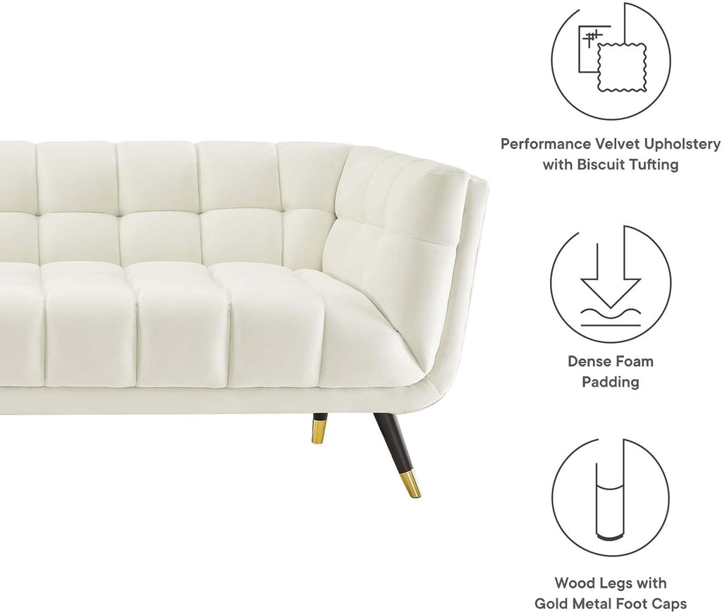 Adept Contemporary Mid-Century Modern Performance Velvet Upholstered Tufted Sofa in Ivory