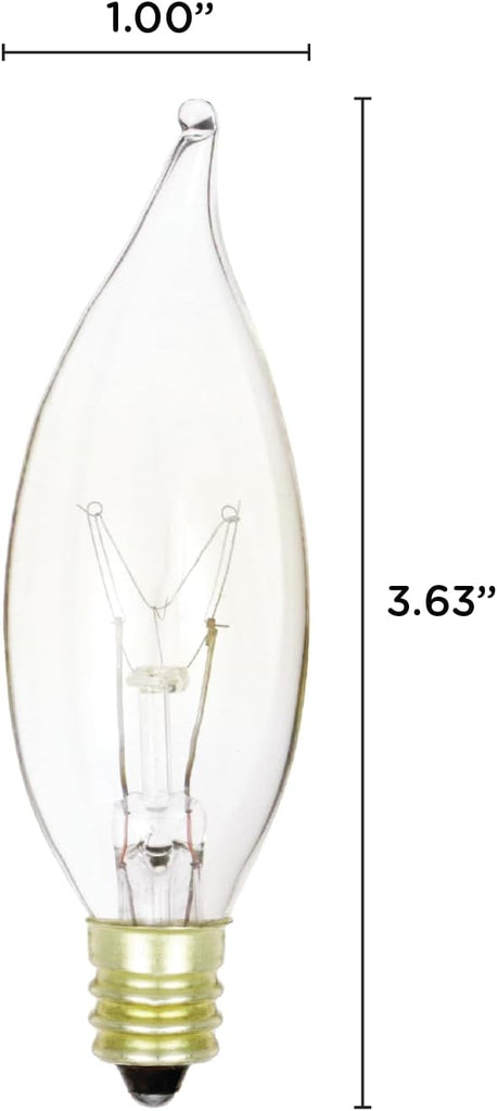 Pack of 12 25-Watt Clear Candelabra Base (E12) Flame Tip 120V Decorative Dimmable 25W Chandelier Lights Bulbs