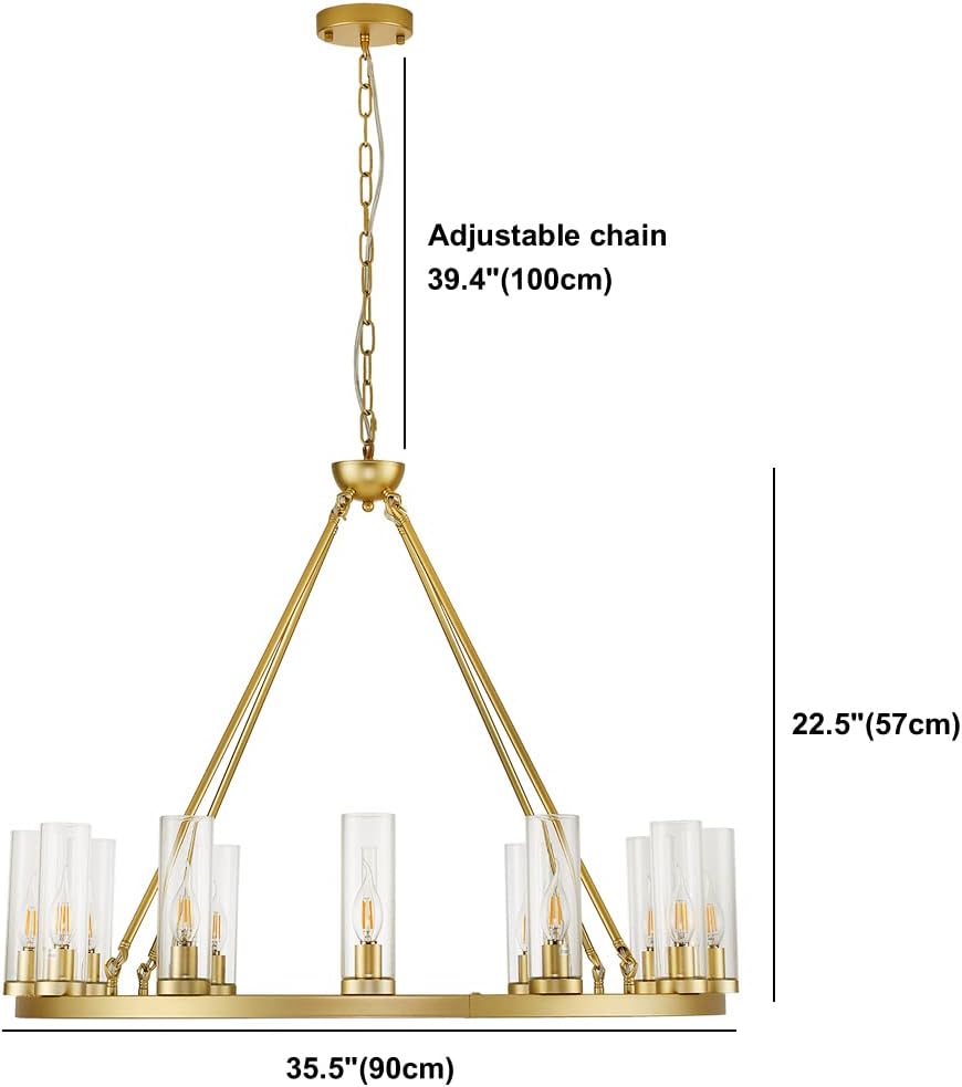 Inspired Ravelle Style Farmhouse Chandeliers for Dining Room,Metal Wagon Wheel Chandelier with Clear Glass Vintage Round Pendant Lights Kitchen Island Lighting Fixture(Gold,34in -12 Light)