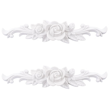 White Carved Appliques, 2 Pcs PVC 3D Double Rose Carved Onlay Unpainted Furniture Onlays DIY Decorative Floral