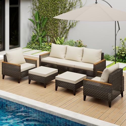 7-Piece Wicker Outdoor Patio Furniture Set | Beige All-Weather Resistant with Thick Cushions for Patio, Garden & Porch