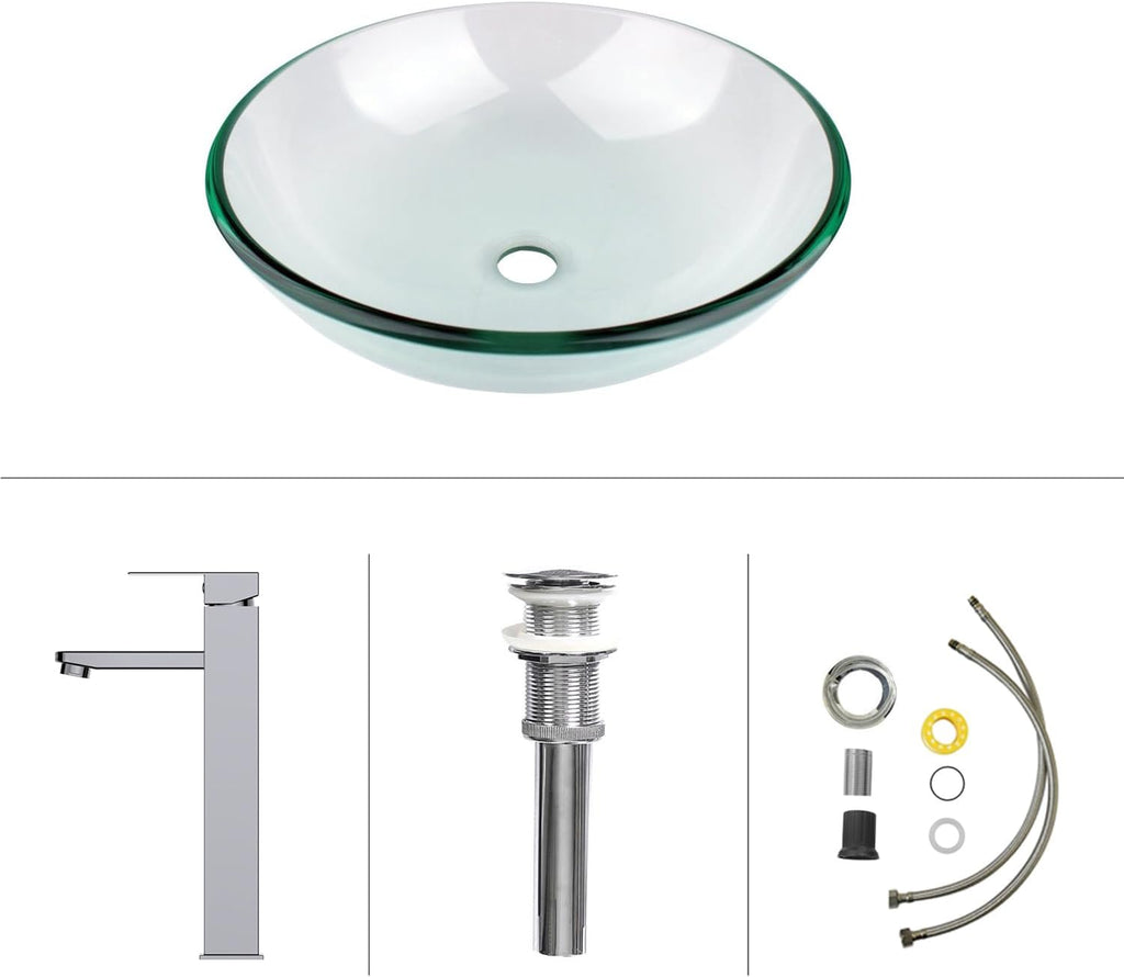 Bathroom Vessel Sink, Tempered Glass Vanity Round Bowl with Chrome Faucet and Pop up drain Set, Clear
