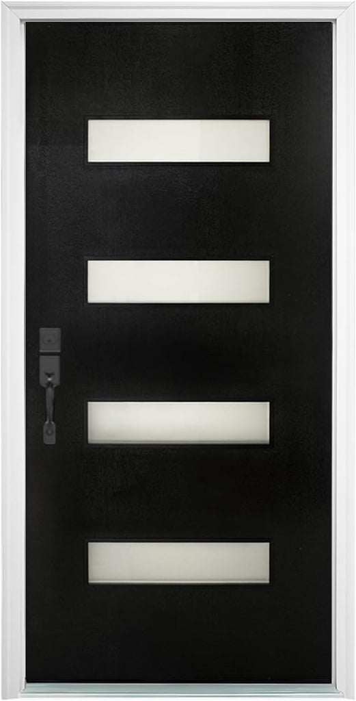 36" x 80" Fiberglass Front Entry Door, Frosted Glass, Wood Grain Black Finish, Solid Reinforced Core, Not Prehung