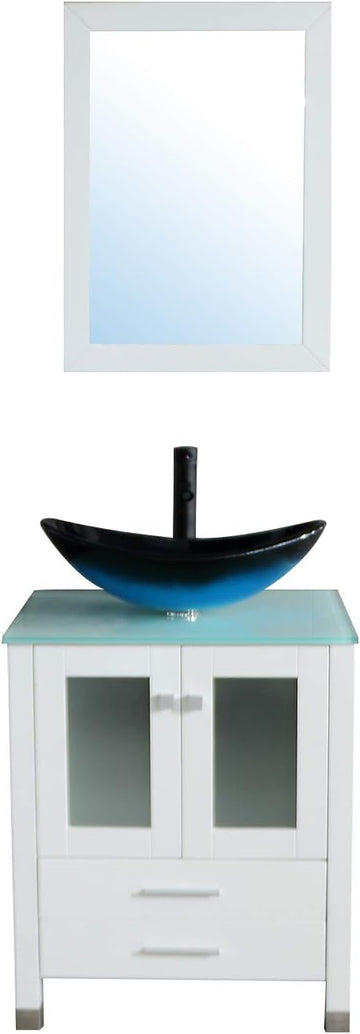 24" Bathroom Vanity Tempered Glass Vessel Sink Combo Cabinet Countertop Sink Bowl w/Mirror Set (Blue Oval)