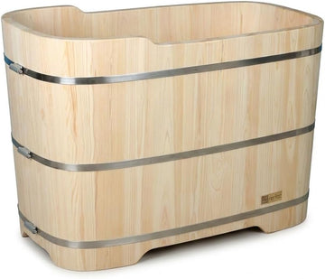 Premium Japanese Hinoki Wood Soaking Tub - 47.2" Freestanding Bathtub with Copper Drain