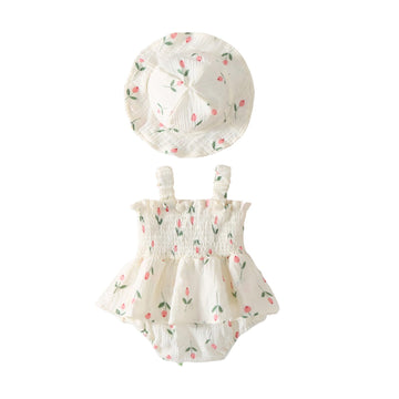 Newborn Baby Girl Summer Clothes Smocked Floral Print Romper Cotton Linen Bodysuit with Sun Hat Infant Cute