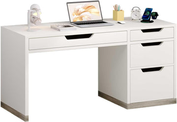52 Inch White Desk with 4 Drawers, Computer Desk with Storage for Small Spaces with Storage File Cabinet