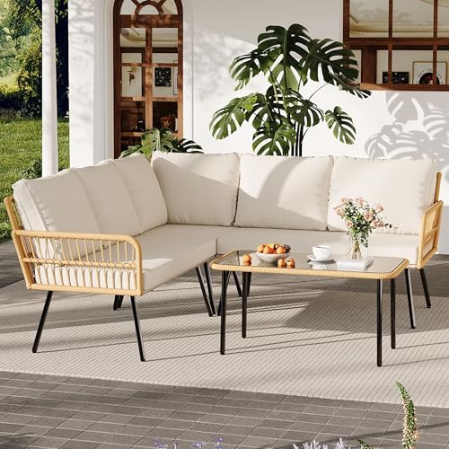 4-Piece Wicker Outdoor Patio Furniture Set | Beige for Backyard, Garden & Porch