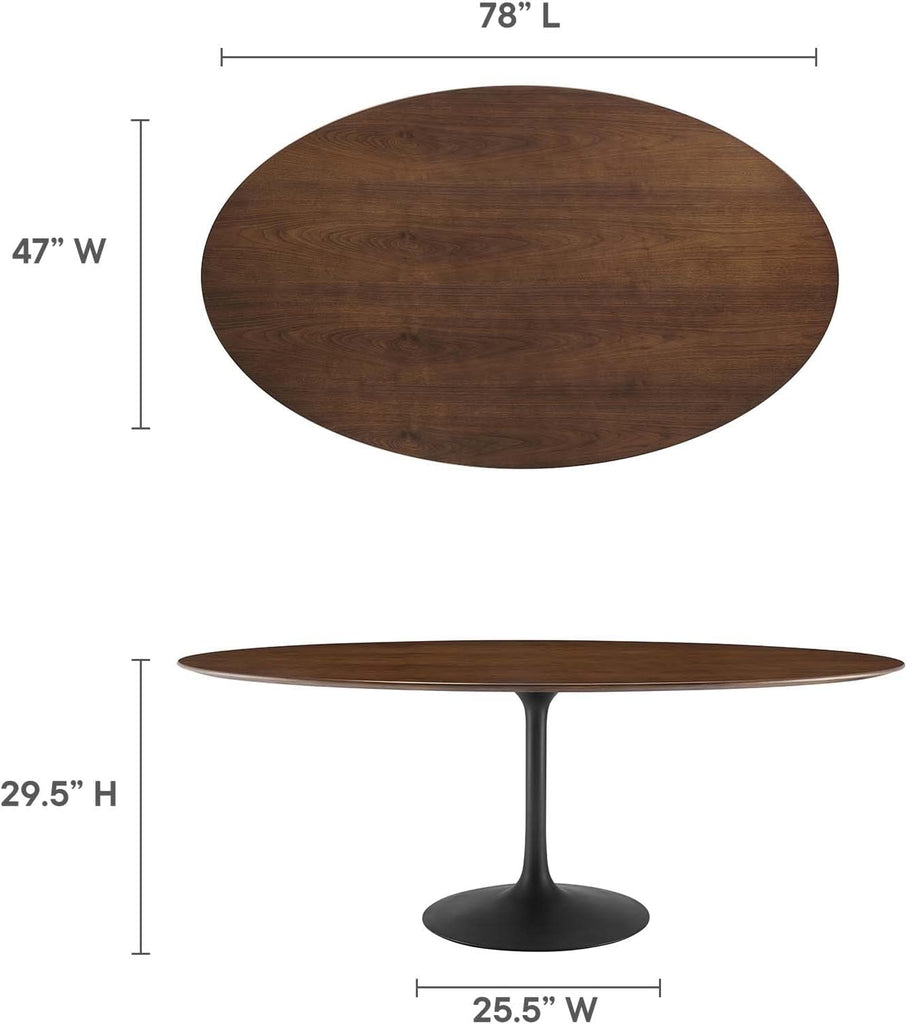 Inspired Saarinen Style Tulip Oval Pedestal Dining Table — Black Base / Walnut Top, 78″ Oval
