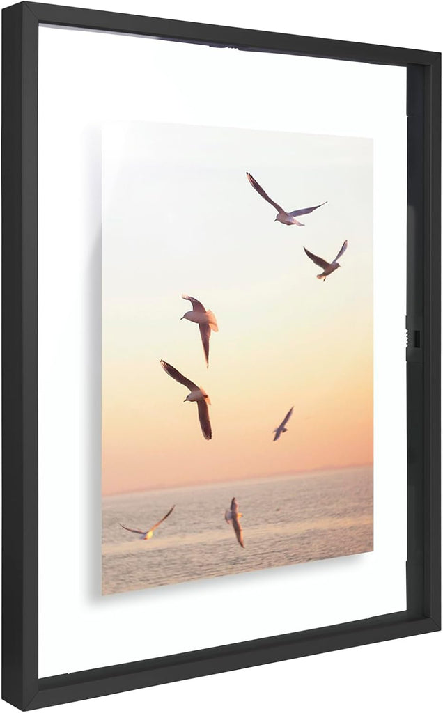 2 Pack 11x14 Black Metal Floating Picture Frame Real Glass | Tempered Glass Front, Plexiglass Back, Wall Mount