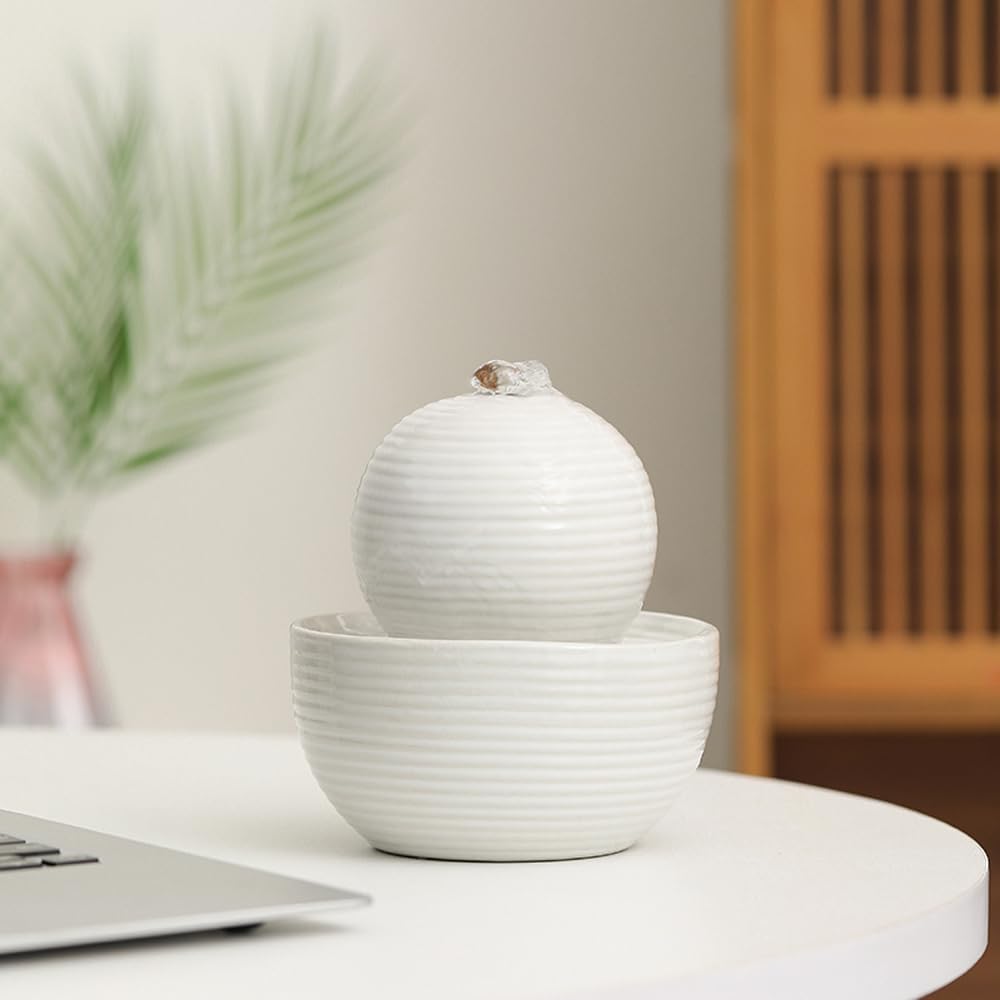 Ceramic Tabletop Desktop mini Fountain Water Feature Water Fall Indoor and Outdoor and Home Decoration (White A174)