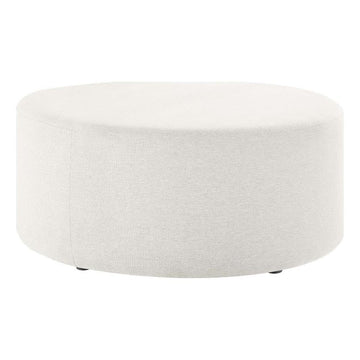 Callum 38 Inch Round Ottoman in Ivory Fabric - Heathered Woven Fabric - Versatile Upholstered Coffee Table and