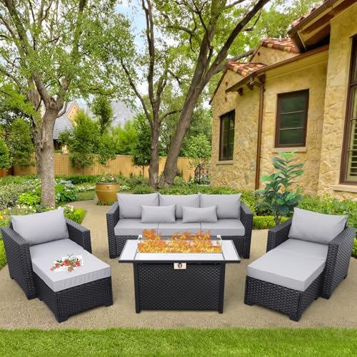 6-Piece Outdoor Patio Furniture Set - Fire Pit | Grey for Patio, Garden & Porch