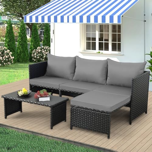 3-Piece PE Rattan Outdoor Patio Furniture Set - Conversation | Black for Patio, Garden & Porch