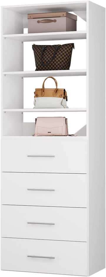 Modular Closet System, 25.5" 4 Drawer Shelf Closet Tower Wall-Mounted Closet Organizer, Wooden Tower for Walk-In
