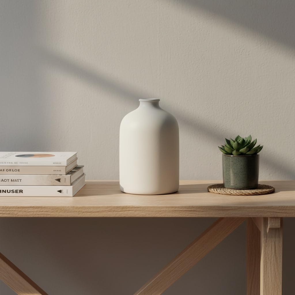 White Ceramic Vase - 7 Inch Tall - Large, Minimalist Modern Home Decor, Decorative Object - Centerpiece