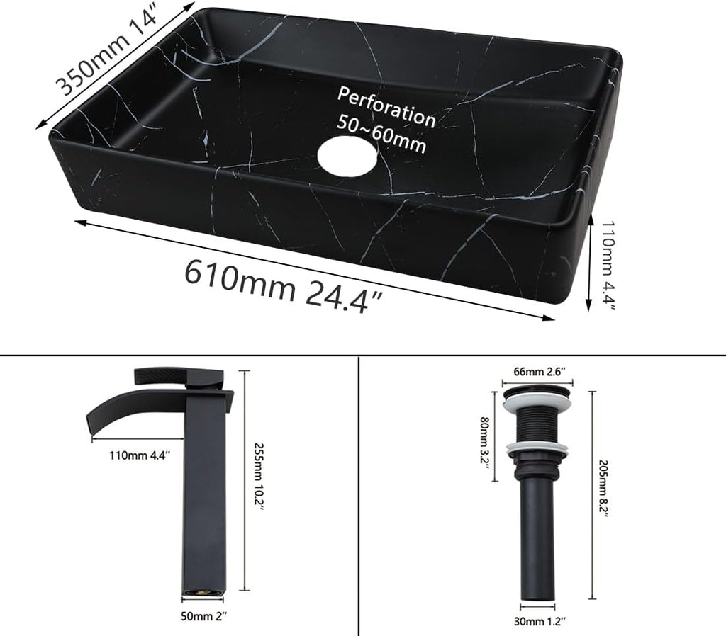Ceramic 24x14 Inch Bathroom Sink,Vessel Sink with Faucet and Drain Combo Black Vessel Sink Rectangle Marble Bathroom